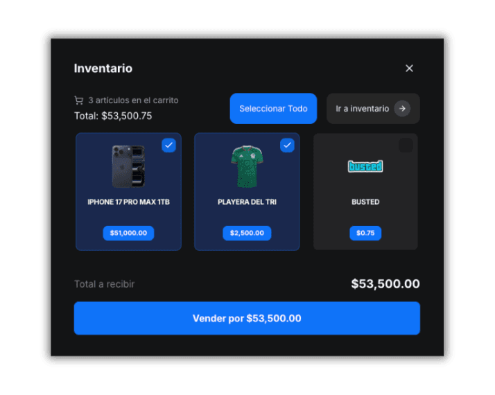 Inventario de Lootea con la opción de vender los productos